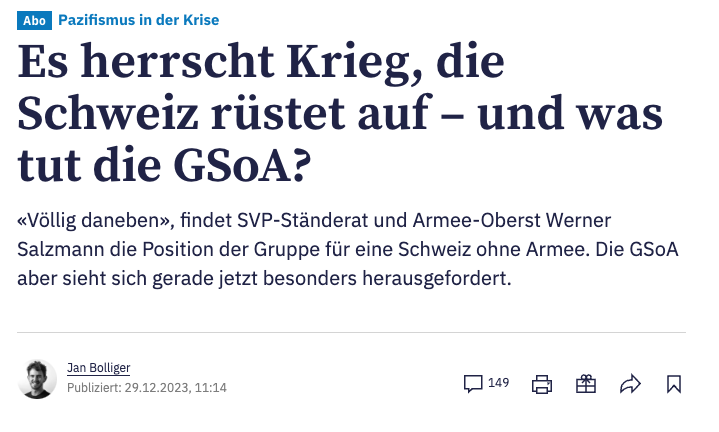 Es herrscht Krieg, die Schweiz rüstet auf – und was tut die GSoA?